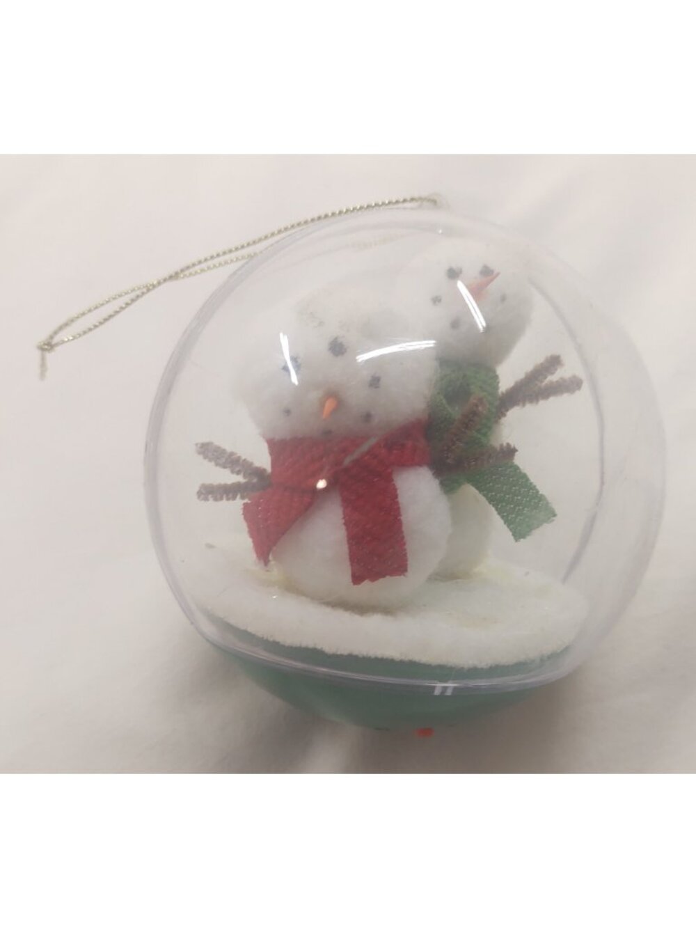 Vintage Clear Diorama Ball Ornament Plush Snowman Couple Kitsch Christmas Decor